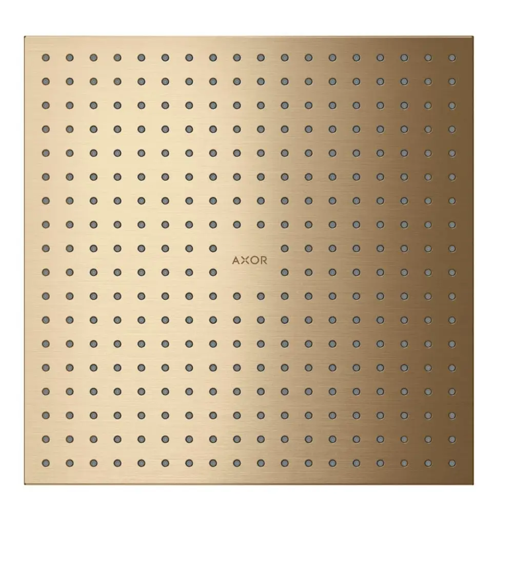 Kopfbrause mit gleichmäßigen Wasserlöchern in gebürstetem Bronze-Finish, mit AXOR-Logo in der Mitte, quadratischer Form und glatter Oberfläche.